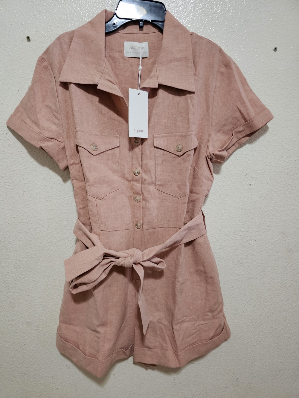 Women's Auguste Dusty Rose Button-Front Short Sleeve Romper with Tie Waist 10